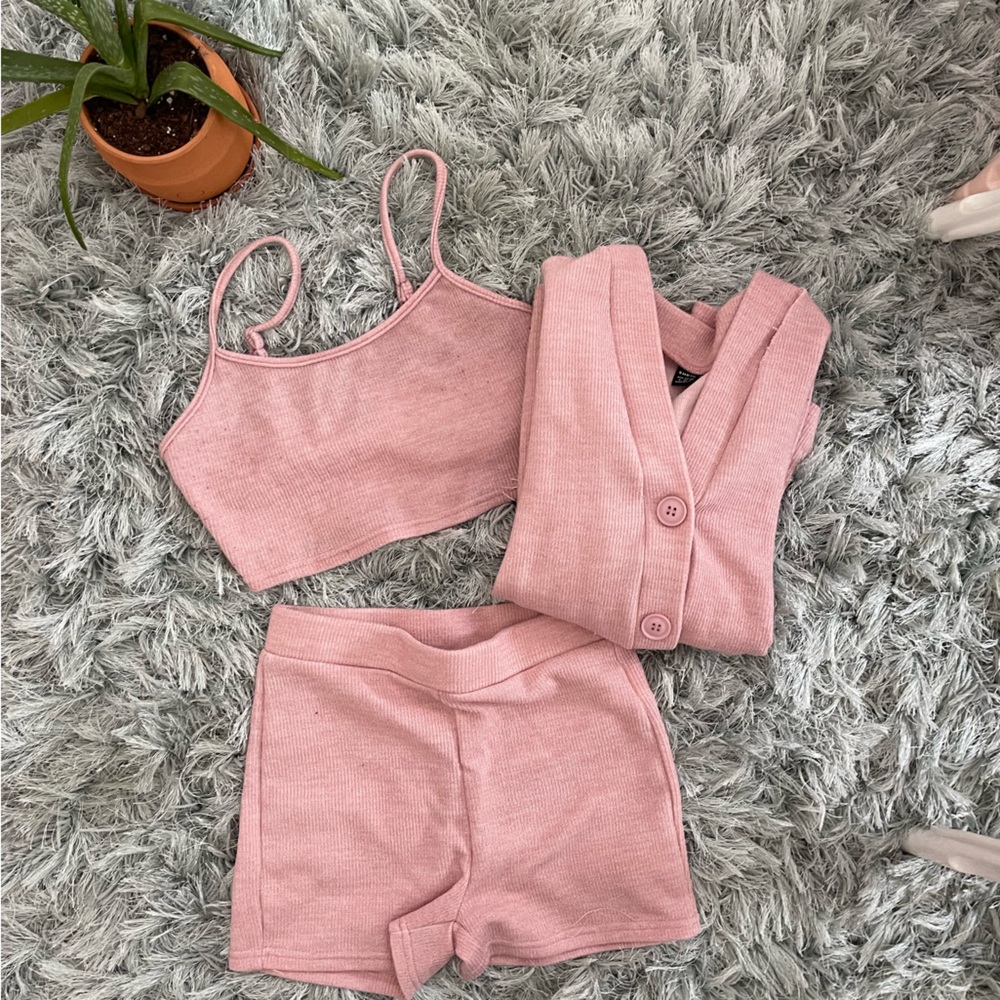 Shein 3 piece set in pink - shorts, crop top tank, and cardigan